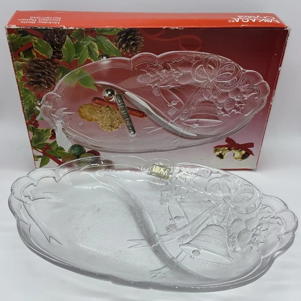 Mikasa Holiday Bells Crystal Divided Relish Dish Christmas Festive Candy Mints